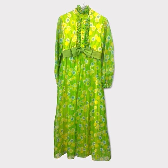 Vintage Full Length 60s floral flower power Bow Ruffle long sleeve dress - Picture 1 of 4